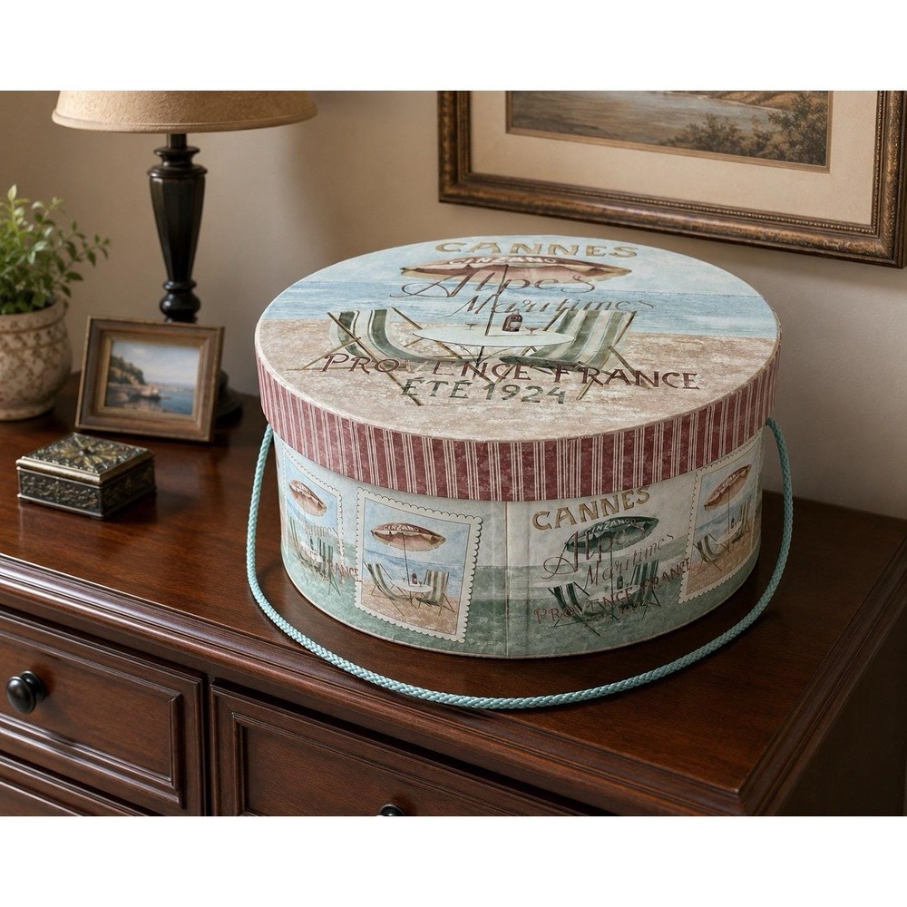 Vintage Tri Coastal Cannes Cinzano Hat Box Storage French Riviera Art Home Decor